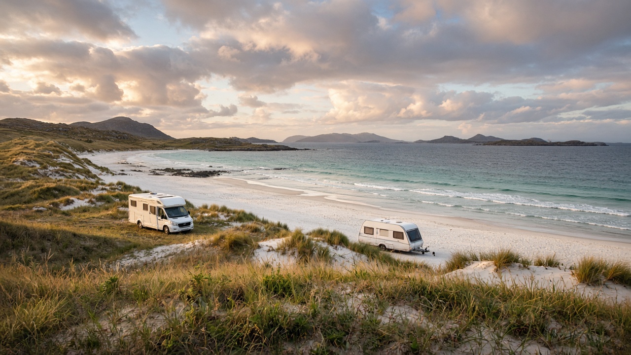 West-coast campsite with motorhome by the sea