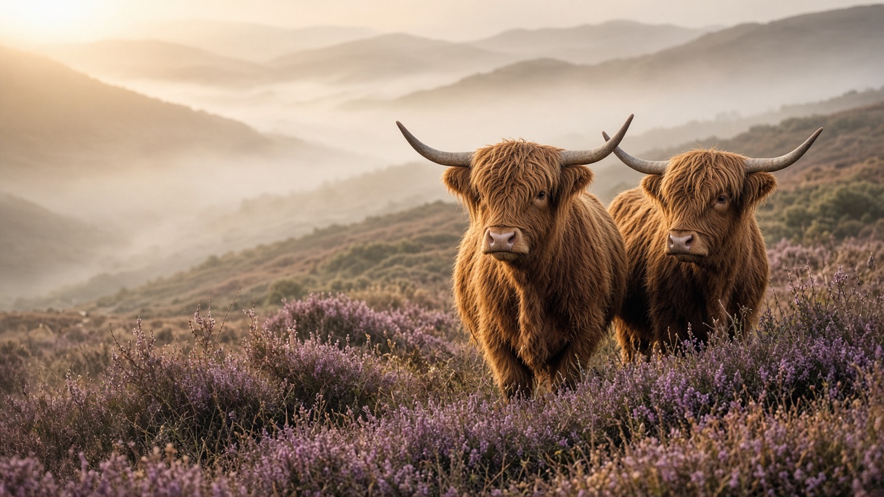 Highland cows in purple heather