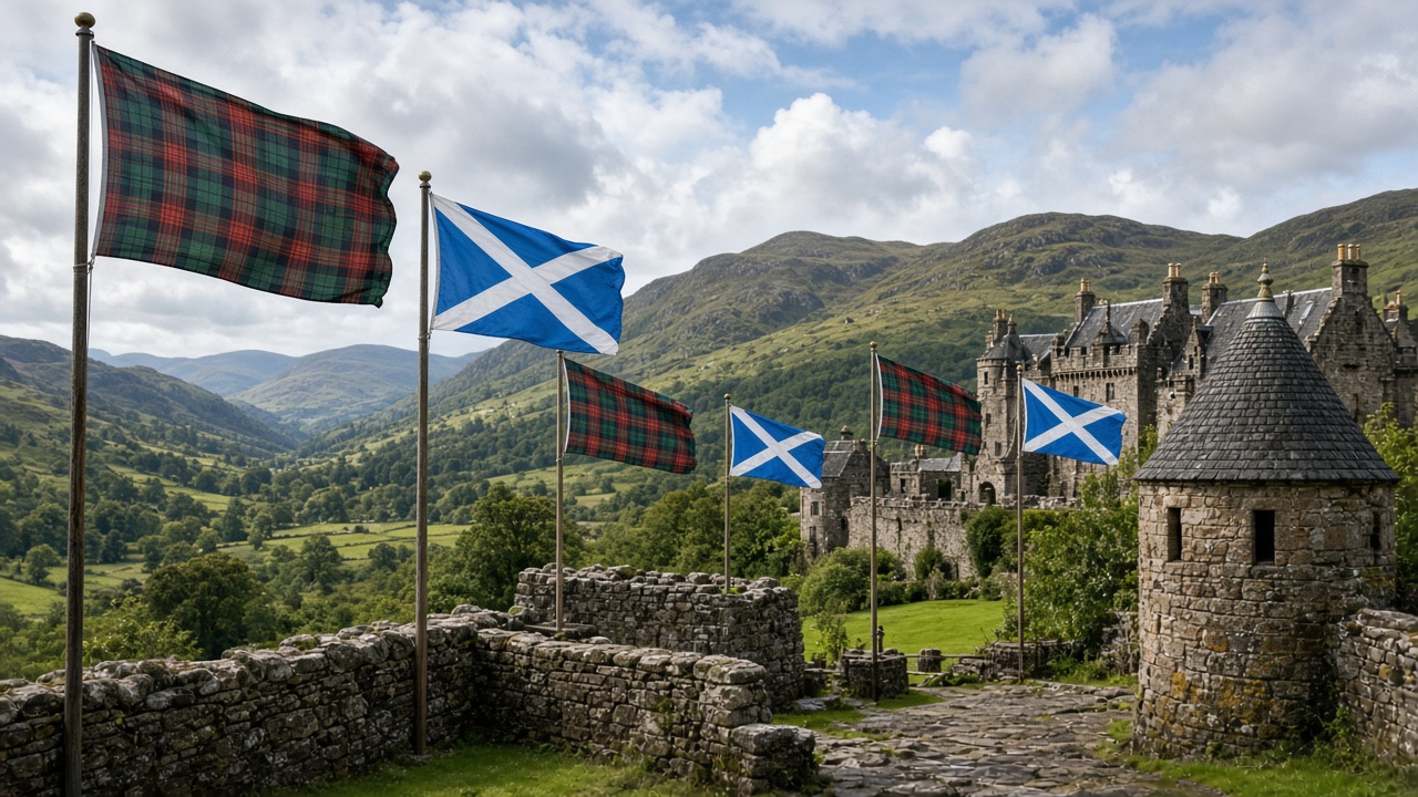 Tartan and Saltire flags at Scottish castle grounds